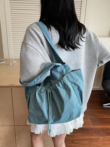 Bolso Tote de Tela de Gran Capacidad para Mujer Bolso de Hombro Plisado con Cordón a la Moda Bolso Casual de Color Sólido