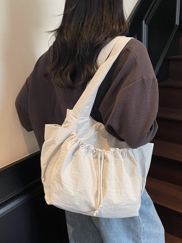 Bolso Tote de Tela de Gran Capacidad para Mujer Bolso de Hombro Plisado con Cordón a la Moda Bolso Casual de Color Sólido