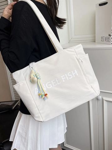 Sac Cabas en Nylon Grande Capacité pour Femmes Mode Impression de Lettres Sac à Épaule Simple Sac à Main Commuteur Léger