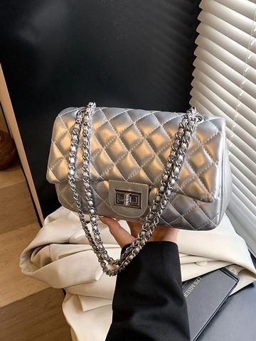 Sac Carré Bandoulière Classique Matelassé pour Femmes Sac à Épaule avec Chaîne et Fermoir Tournant en Cuir PU