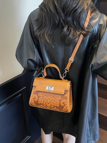 Retro Damestas Van PU-leer Met Bloemenreliëf Elegante Vintage Schoudertas Met Metalen Draaisluiting Kleine Vierkante Tas