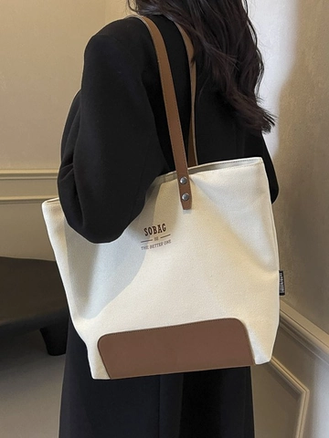 Sac Fourre-tout en Toile pour Femmes Grande Capacité Rétro Patchwork Sac à Bandoulière Navette Minimaliste Couleur Unie Impression de Lettres