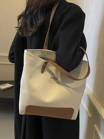 Sac Fourre-tout en Toile pour Femmes Grande Capacité Rétro Patchwork Sac à Bandoulière Navette Minimaliste Couleur Unie Impression de Lettres