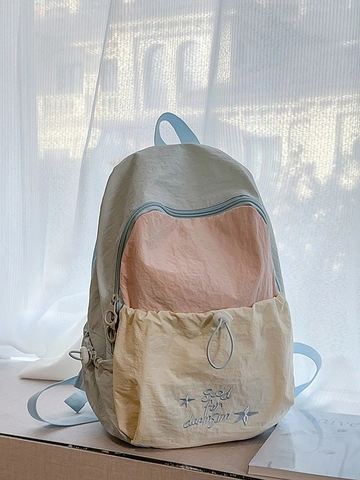 Mochila de Nailon de Estilo Coreano con Bloques de Color Bolsa Escolar de Gran Capacidad para Estudiantes Mujeres Moda Impermeable