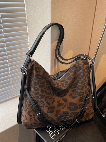 Bolso Hobo de Mujer con Estampado de Leopardo en Cuero PU Gran Capacidad Bolso de Hombro Casual Diario Bolso Tote Estilo Preppy Multifunción