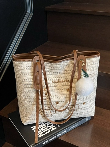 Damen Große Kapazität Gewebte Stroh Tragetasche Casual Schulter Handtasche Cartoon Katze Stickerei Bommel Anhänger Sommer Strand Reisetasche