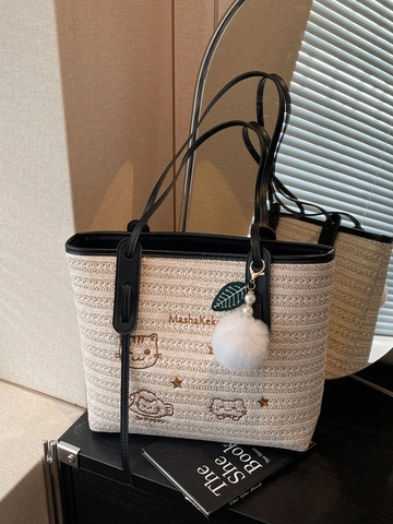 Damen Große Kapazität Gewebte Stroh Tragetasche Casual Schulter Handtasche Cartoon Katze Stickerei Bommel Anhänger Sommer Strand Reisetasche