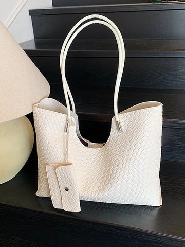 Femmes Minimaliste Grande Capacité Tissé Sac Fourre-Tout PU Cuir Sac à Épaule Avec Petite Pochette Casual Sac à Main