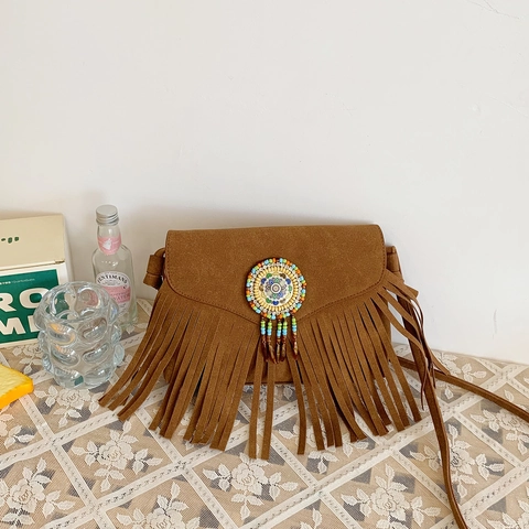 Sac Bandoulière Bohème en Suédine pour Femmes Vintage Ethnique Perles Colorées Sac à Franges Artistique Sac à Main Quotidien