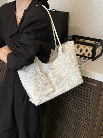 Femmes Minimaliste Grande Capacité Tissé Sac Fourre-Tout PU Cuir Sac à Épaule Avec Petite Pochette Casual Sac à Main