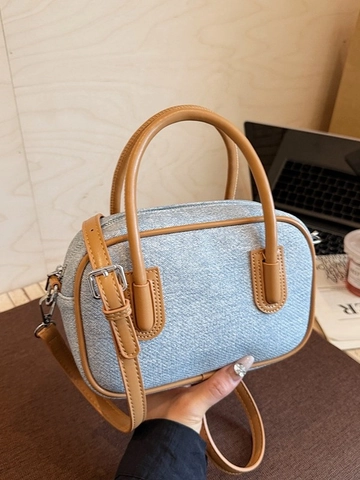 Bolso Boston de Mujer Vintage con Contraste de Color Tejido Cuero de PU Pequeño Bolso de Hombro para el Viaje Diario