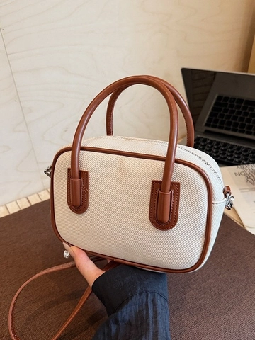 Bolso Boston de Mujer Vintage con Contraste de Color Tejido Cuero de PU Pequeño Bolso de Hombro para el Viaje Diario