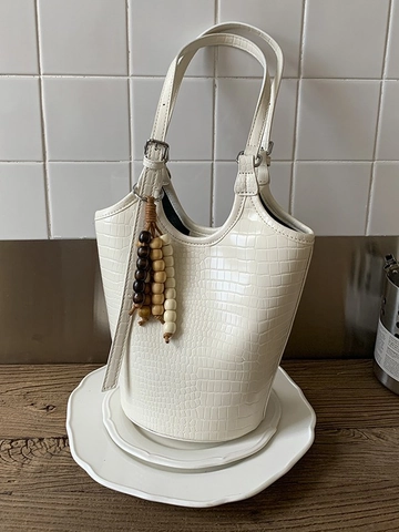 Sac Seau Vintage en Cuir PU à Motif Crocodile pour Femmes Sac à Épaule Minimaliste avec Charme en Perles de Bois
