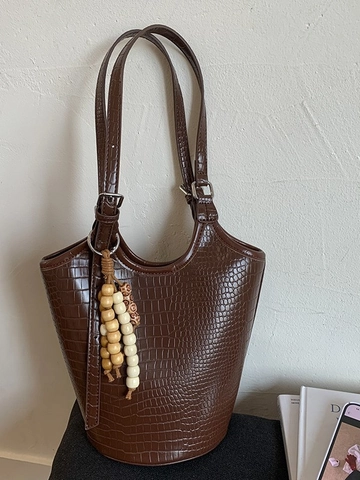 Sac Seau Vintage en Cuir PU à Motif Crocodile pour Femmes Sac à Épaule Minimaliste avec Charme en Perles de Bois