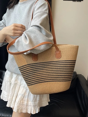 Handgeweven Stro Tote Tas Voor Dames Grote Capaciteit Gestreepte Schoudertas Met Leren Riemen Zomer Strand Vakantie Handtas