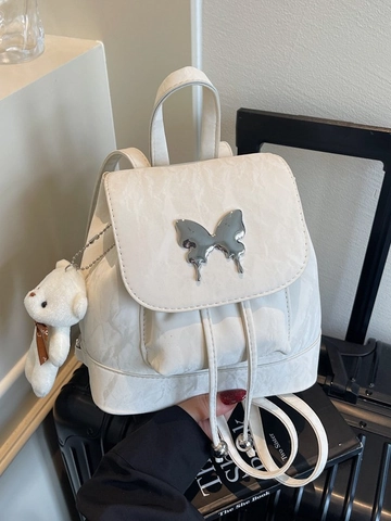 Zaino Mini da Donna alla Moda in Pelle PU Piegata Fibbia in Metallo a Farfalla Borsa con Coulisse Con Portachiavi Orsetto