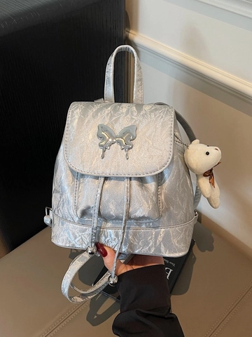 Zaino Mini da Donna alla Moda in Pelle PU Piegata Fibbia in Metallo a Farfalla Borsa con Coulisse Con Portachiavi Orsetto