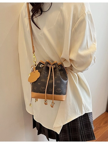 Bolso de Cubo Estampado de Cuero PU Vintage de Moda para Mujer Bolso de Bandolera con Cordón Color de Contraste Bolso de Hombro Pequeño Casual