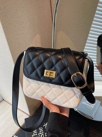Vrouwen Vintage Gewatteerde Suède Crossbody Tas Retro Kleurblok Kleine Vierkante Schoudertas Met Goud Metalen Slot