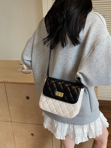 Vrouwen Vintage Gewatteerde Suède Crossbody Tas Retro Kleurblok Kleine Vierkante Schoudertas Met Goud Metalen Slot