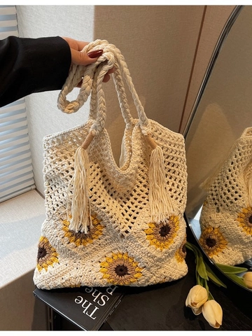 Sac Fourre-tout en Paille au Crochet avec Tournesol Fait à la Main pour Femmes Sac à Épaule Tissé Bohème avec Glands Plage