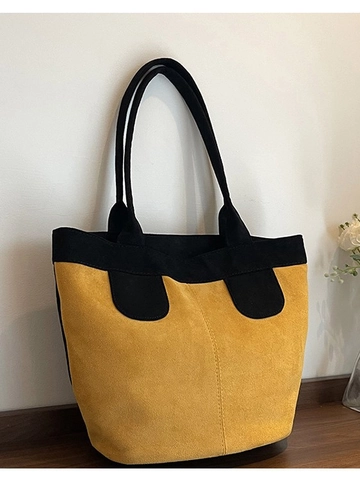 Simple PU Artificial Suede Tote Bag Women Minimalist Large Capacity Commuter Shoulder Bag Retro Contrast Color Patchwork Handbag