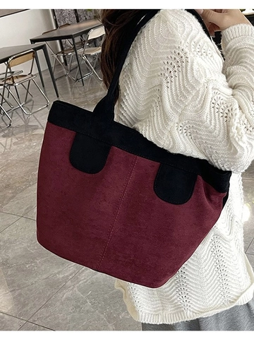 Simple PU Artificial Suede Tote Bag Women Minimalist Large Capacity Commuter Shoulder Bag Retro Contrast Color Patchwork Handbag
