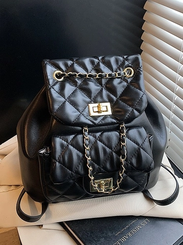 Sac à Dos Femme Matelassé Losange en Simili Cuir Sac Seau Avec Serrure en Métal Doré Chaîne Petit Sac à Dos