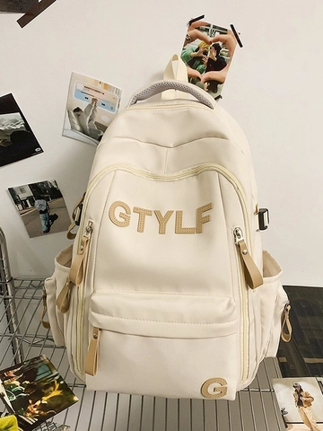 Large Capacity Nylon School Backpack For Teenagers Students Simple Casual Travel Bag Contrast Color Printed Daypack With Pendant