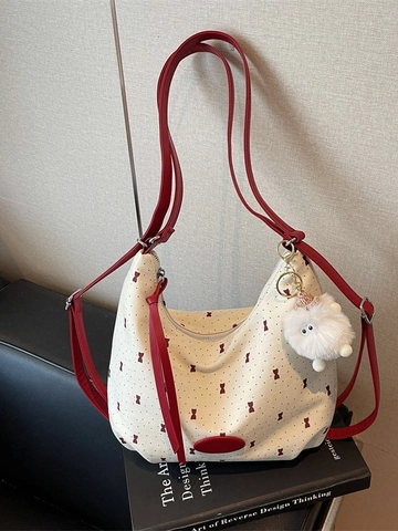 Vrouwen Grote Capaciteit Hobo Tas Tweed Canvas Contrast Kleur Rugzak Voor Dagelijks Woon-Werkverkeer Casual Schoudertas Met Pluche Bedeltje