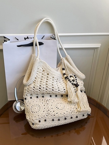 Women Bohemian Crochet Woven Tote Bag Hollow Out Floral Tassel Wood Bead Shoulder Bag Summer Vacation Beach Handbag
