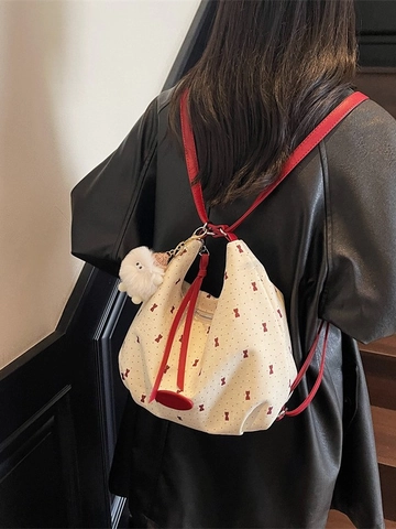 Vrouwen Grote Capaciteit Hobo Tas Tweed Canvas Contrast Kleur Rugzak Voor Dagelijks Woon-Werkverkeer Casual Schoudertas Met Pluche Bedeltje