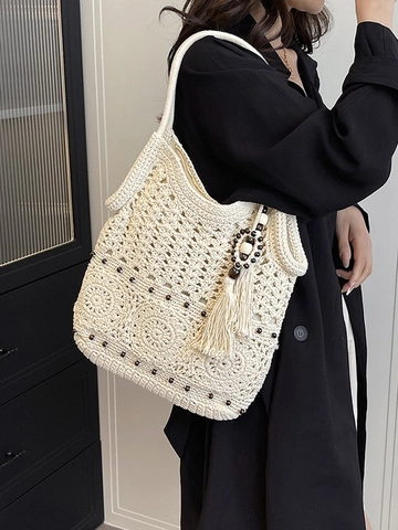 Women Bohemian Crochet Woven Tote Bag Hollow Out Floral Tassel Wood Bead Shoulder Bag Summer Vacation Beach Handbag