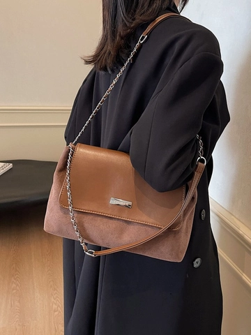 Vintage Damen Unterarmtasche Kettengurt PU Leder Wildleder Nähte Pendler Umhängetasche Schulter Kleine Quadratische Tasche Handtasche