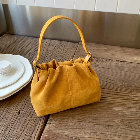 Casual Solid Color Pleated Drawstring Dumpling Bag PU Leather Suede Look Crossbody Shoulder Bag Fashion Cloud Bag For Women