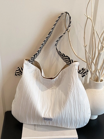 Sac Fourre-Tout Plissé pour Femmes Grande Capacité Bandoulière Tissée Rayée Tissu Sac à Épaule Casual Polyvalent
