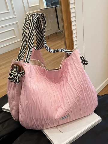 Sac Fourre-Tout Plissé pour Femmes Grande Capacité Bandoulière Tissée Rayée Tissu Sac à Épaule Casual Polyvalent
