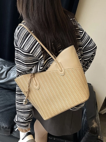 Retro Large Capacity Tote Bag For Women Herringbone Weaving Patchwork PU Leather Shoulder Bag Commuter Daily Top Handle Purse