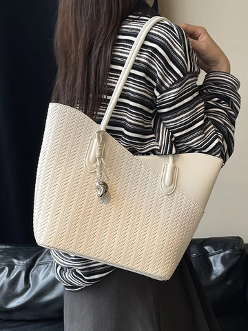 Retro Large Capacity Tote Bag For Women Herringbone Weaving Patchwork PU Leather Shoulder Bag Commuter Daily Top Handle Purse