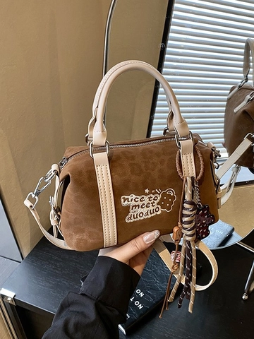 Women's Vintage Leopard Print Boston Bag PU Leather Embroidery Crossbody Bag Small Handbag Casual Top Handle Bag With Pendant