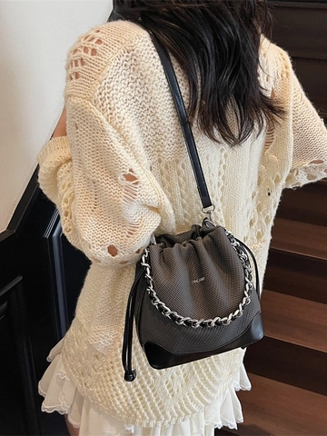Bolso Bombonera de Bloques de Color para Mujer Lona Cuero Sintético Cordón Ajustable Bolso Bandolera Con Cadena Plateada Bolso de Mano Pequeño