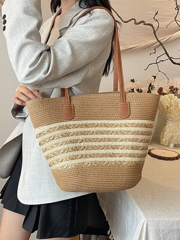 Dames Grote Capaciteit Stro Geweven Tote Bag Gestreepte Strand Vakantie Schoudertas Met PU Lederen Riem Casual Mode Handtas
