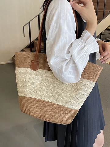 Dames Grote Capaciteit Stro Geweven Tote Bag Gestreepte Strand Vakantie Schoudertas Met PU Lederen Riem Casual Mode Handtas