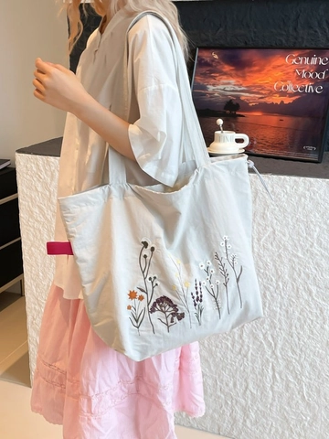 Sac Fourre-tout en Toile Brodé Floral Vintage Grande Capacité Sac à Épaule Cordon Style Forêt Sac à Main Décontracté Femme