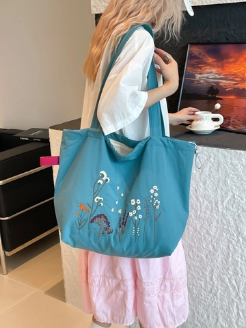 Sac Fourre-tout en Toile Brodé Floral Vintage Grande Capacité Sac à Épaule Cordon Style Forêt Sac à Main Décontracté Femme