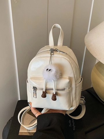 Women Mini Fashion Backpack Trendy PU Leather Solid Color Small Rucksack With Plush Monster Charm Summer Travel Casual Daypack