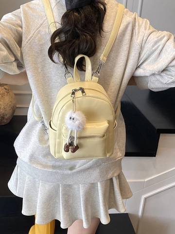Women Mini Fashion Backpack Trendy PU Leather Solid Color Small Rucksack With Plush Monster Charm Summer Travel Casual Daypack