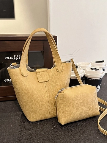 Borsa a Secchiello in Pelle PU Con Motivo Litchi da Donna Borsa a Tracolla Minimalista Tinta Unita Con Pochette per Uso Quotidiano