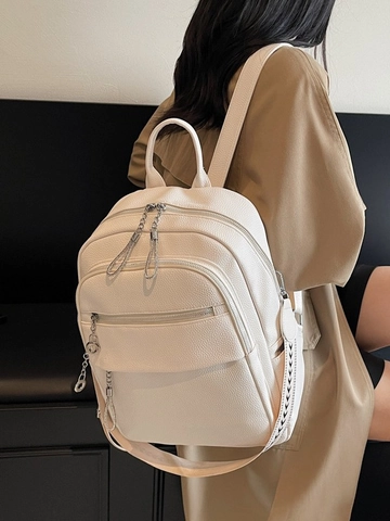 Women Fashion PU Leather Backpack Large Capacity Lychee Pattern Daypack With Multi Zippers And Woven Straps Casual Commute Bag