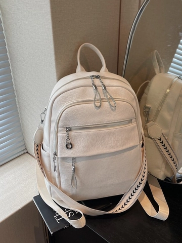Women Fashion PU Leather Backpack Large Capacity Lychee Pattern Daypack With Multi Zippers And Woven Straps Casual Commute Bag